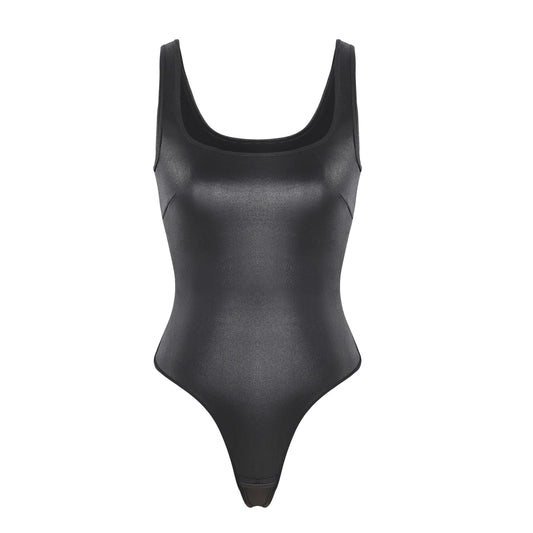 CAT Woman Black Faux Leather Shiny Bodysuit