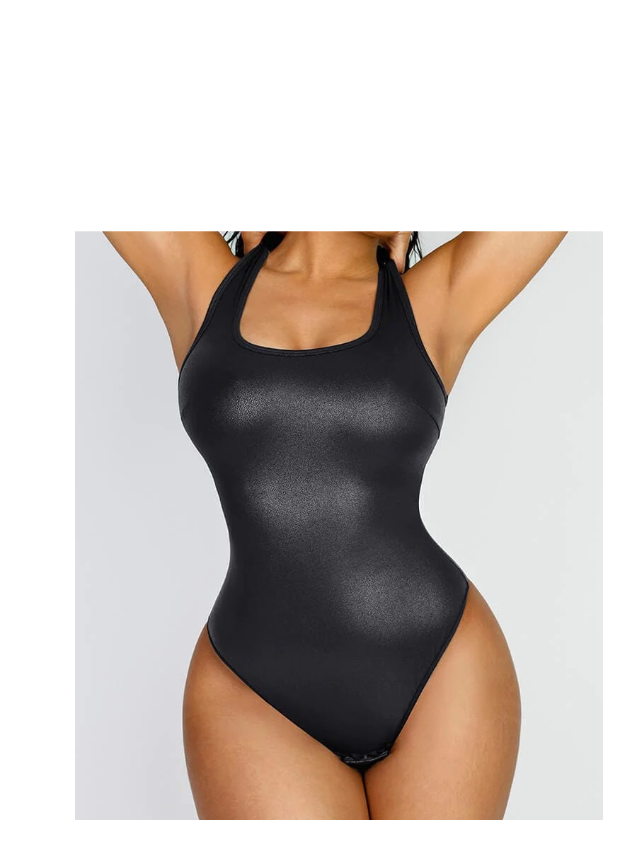 CAT Woman Black Faux Leather Shiny Bodysuit